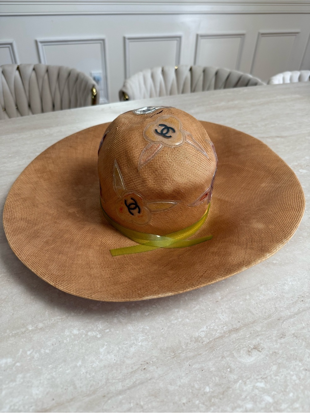 CHANEL Tan Straw Wide Brim Hat with Lime Ribbon